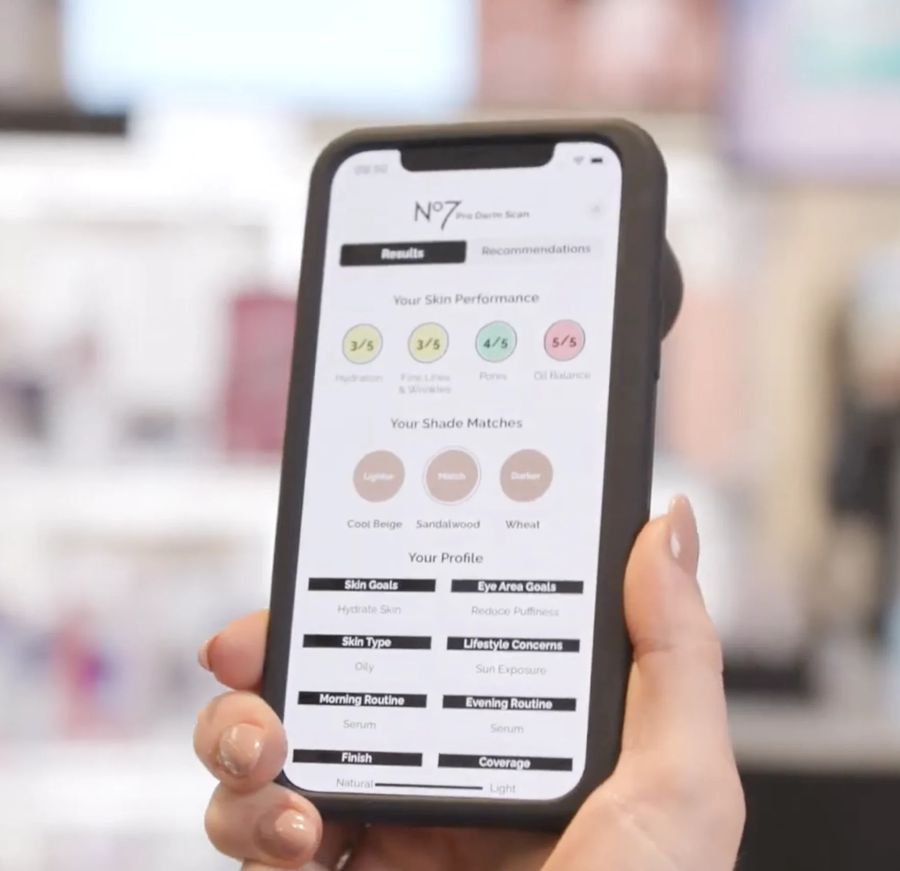 No7 Pro Derm Scan app showing skin analysis results and foundation shade matches on a phone