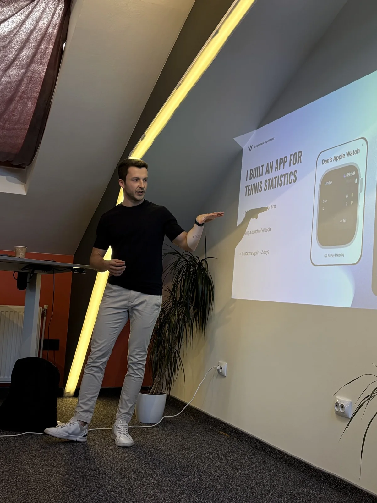 Dan presenting MyTennisGame at the 2026 mobile developer meetup in Cluj-Napoca